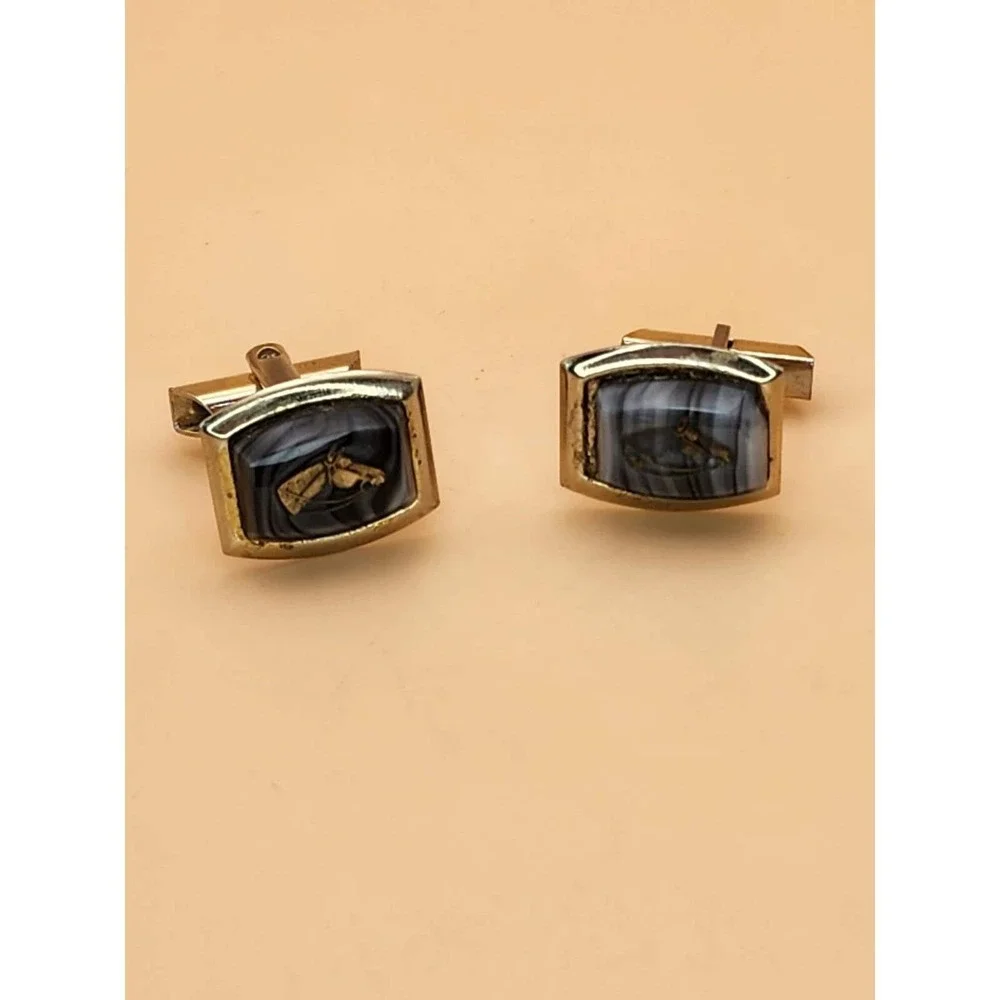 74 Yr Old 10k Gold Plate Tie Clip/Bar & Cufflinks Set Horse Equestrian Art Glass